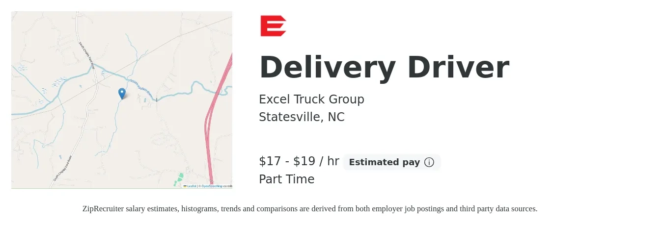 Excel Truck Group job posting for a Delivery Driver in Statesville, NC with a salary of $18 to $20 Hourly with a map of Statesville location.