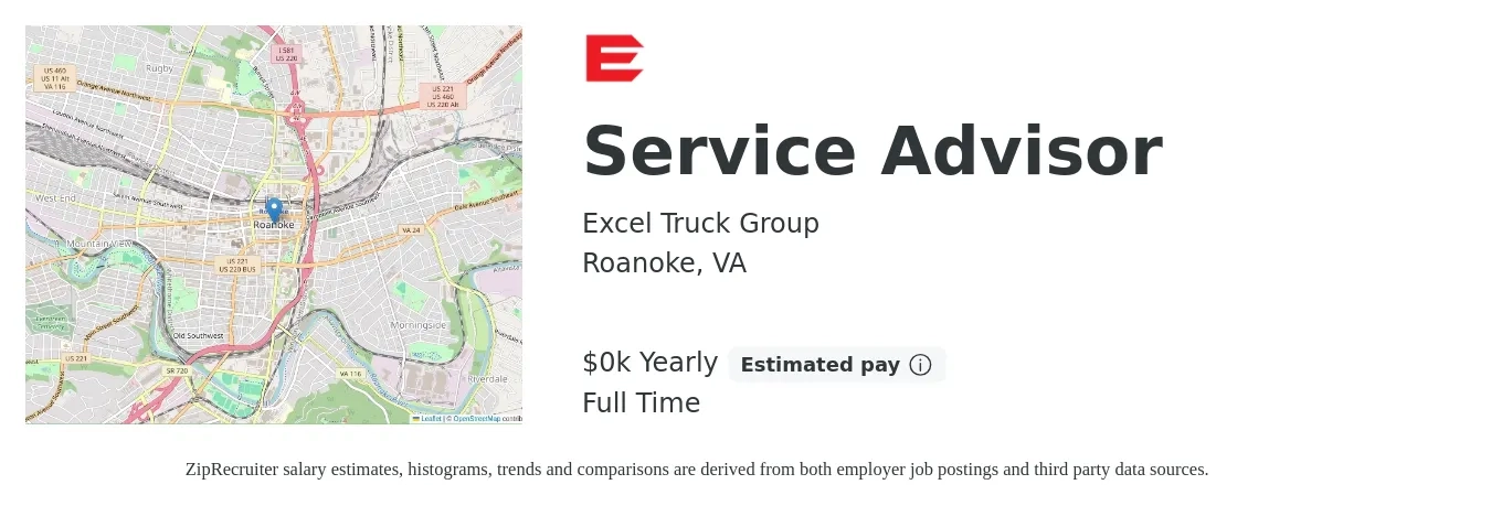 Excel Truck Group job posting for a Service Advisor in Roanoke, VA with a salary of $20 to $26 Yearly with a map of Roanoke location.