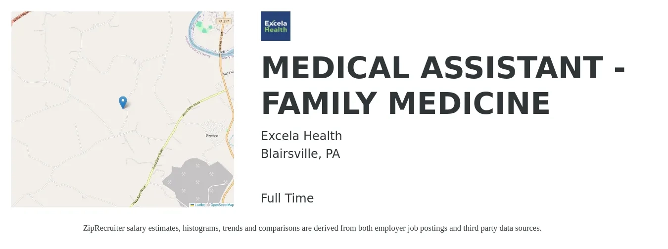 Excela Health job posting for a MEDICAL ASSISTANT - FAMILY MEDICINE in Blairsville, PA with a salary of $16 to $21 Hourly with a map of Blairsville location.