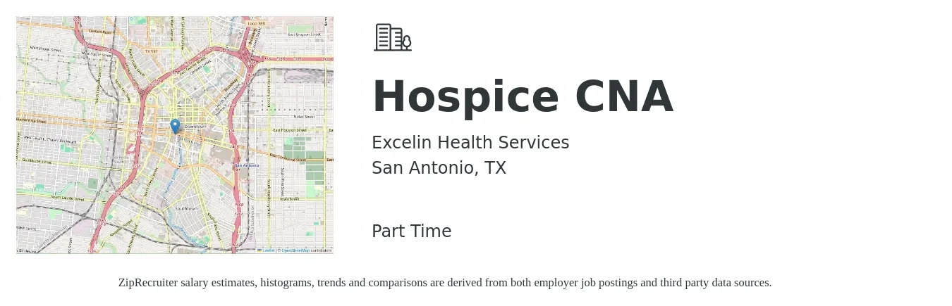 Excelin Health Services job posting for a Hospice CNA in San Antonio, TX with a salary of $15 to $21 Hourly with a map of San Antonio location.