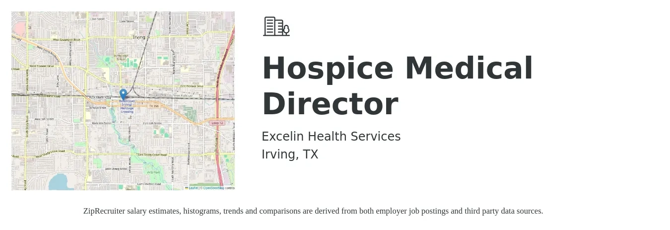 Excelin Health Services job posting for a Hospice Medical Director in Irving, TX with a salary of $127,600 to $298,900 Yearly with a map of Irving location.