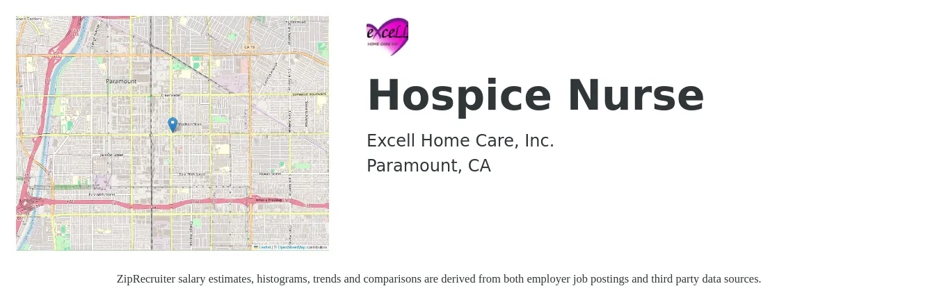 Excell Home Care, Inc. job posting for a Hospice Nurse in Paramount, CA with a salary of $71,800 to $103,600 Yearly with a map of Paramount location.