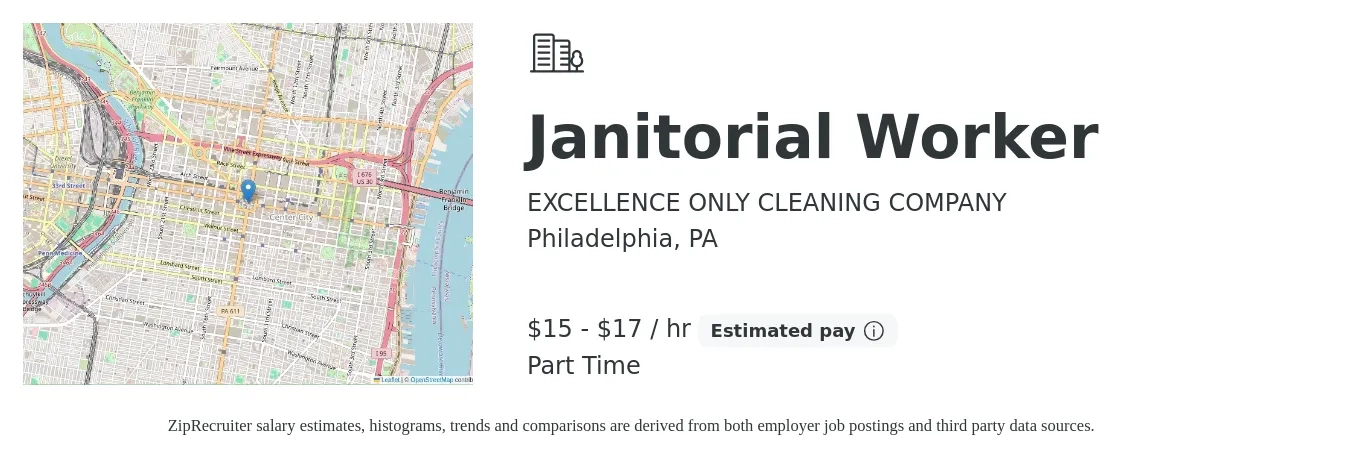 EXCELLENCE ONLY CLEANING COMPANY job posting for a Janitorial Worker in Philadelphia, PA with a salary of $16 to $18 Hourly with a map of Philadelphia location.