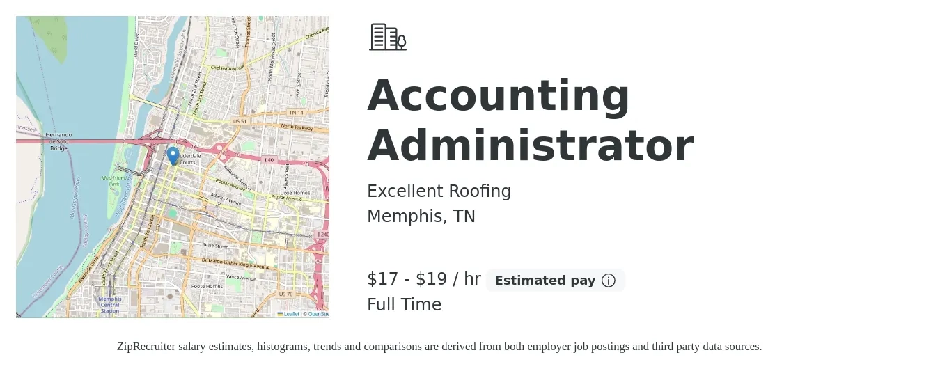 Excellent Roofing job posting for a Accounting Administrator in Memphis, TN with a salary of $18 to $20 Hourly with a map of Memphis location.