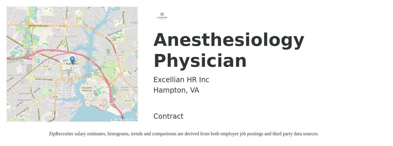 Excellian HR Inc job posting for a Anesthesiology Physician in Hampton, VA with a salary of $386,600 Yearly with a map of Hampton location.