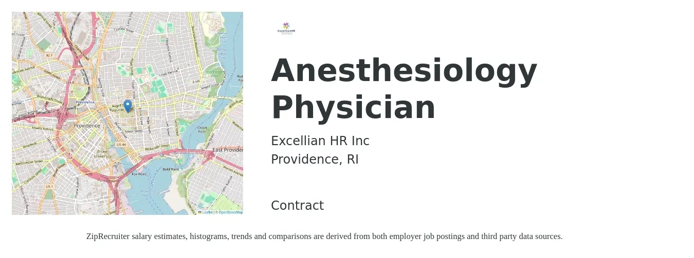Excellian HR Inc job posting for a Anesthesiology Physician in Providence, RI with a salary of $404,100 Yearly with a map of Providence location.