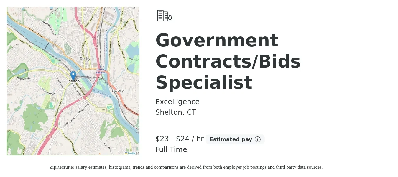 Excelligence job posting for a Government Contracts/Bids Specialist in Shelton, CT with a salary of $24 to $25 Hourly with a map of Shelton location.