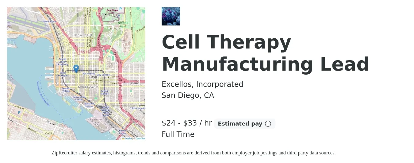 Excellos, Incorporated job posting for a Cell Therapy Manufacturing Lead in San Diego, CA with a salary of $26 to $34 Hourly with a map of San Diego location.
