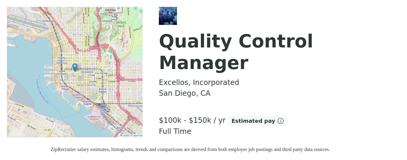 Excellos, Incorporated job posting for a Quality Control Manager in San Diego, CA with a salary of $100,000 to $150,000 Yearly with a map of San Diego location.