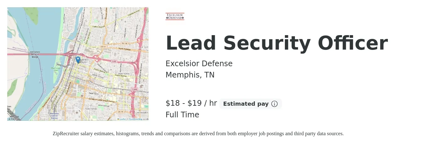 Excelsior Defense job posting for a Lead Security Officer in Memphis, TN with a salary of $19 to $21 Hourly with a map of Memphis location.