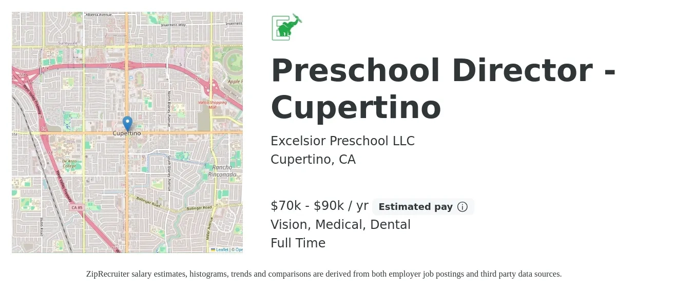 Excelsior Preschool LLC job posting for a Preschool Director - Cupertino in Cupertino, CA with a salary of $70,000 to $90,000 Yearly and benefits including medical, vision, and dental with a map of Cupertino location.