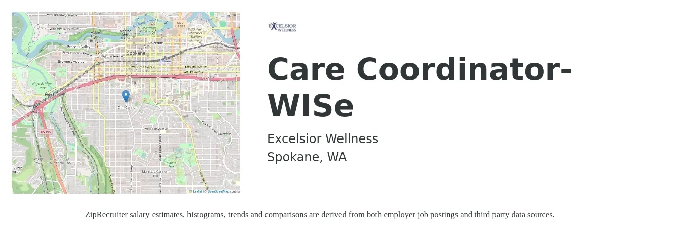 Excelsior Wellness job posting for a Care Coordinator-WISe in Spokane, WA with a salary of $21 to $28 Hourly with a map of Spokane location.