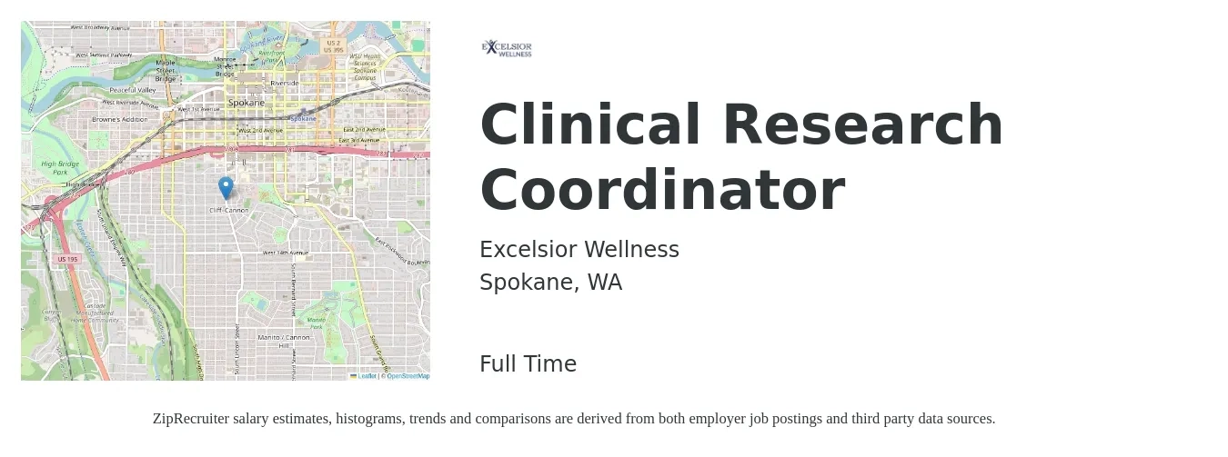 Excelsior Wellness job posting for a Clinical Research Coordinator in Spokane, WA with a salary of $26 to $34 Hourly with a map of Spokane location.