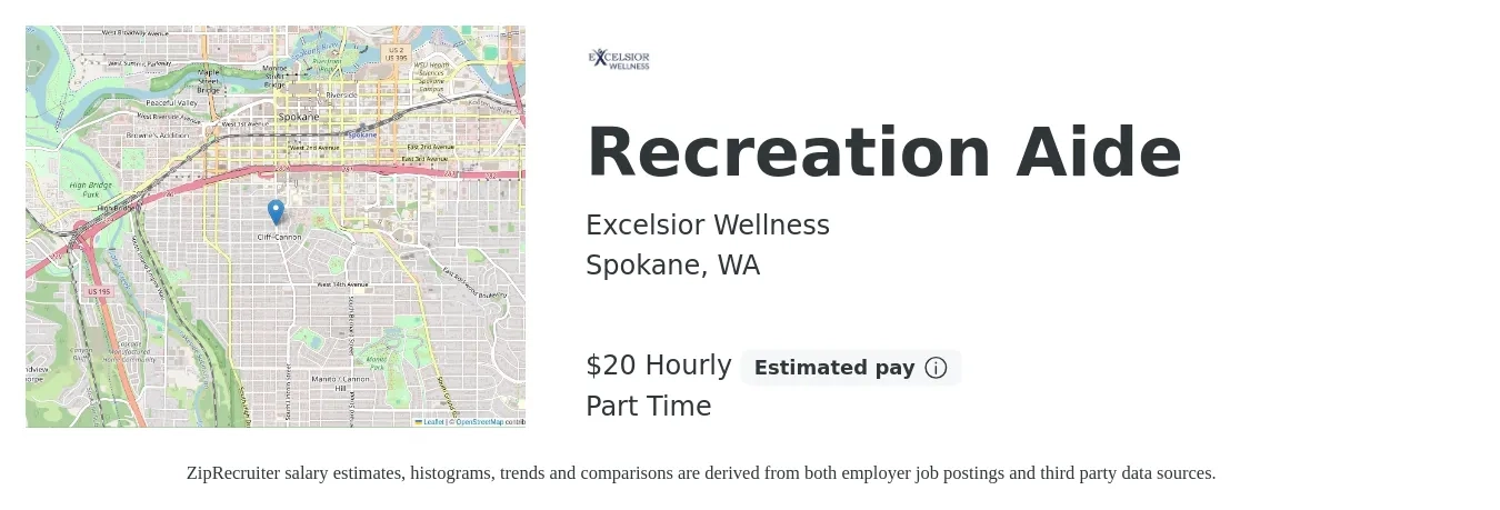 Excelsior Wellness job posting for a Recreation Aide in Spokane, WA with a salary of $21 Hourly with a map of Spokane location.