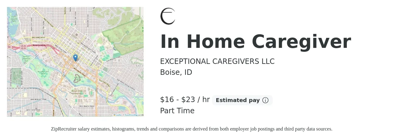 EXCEPTIONAL CAREGIVERS LLC job posting for a In Home Caregiver in Boise, ID with a salary of $17 to $24 Hourly with a map of Boise location.