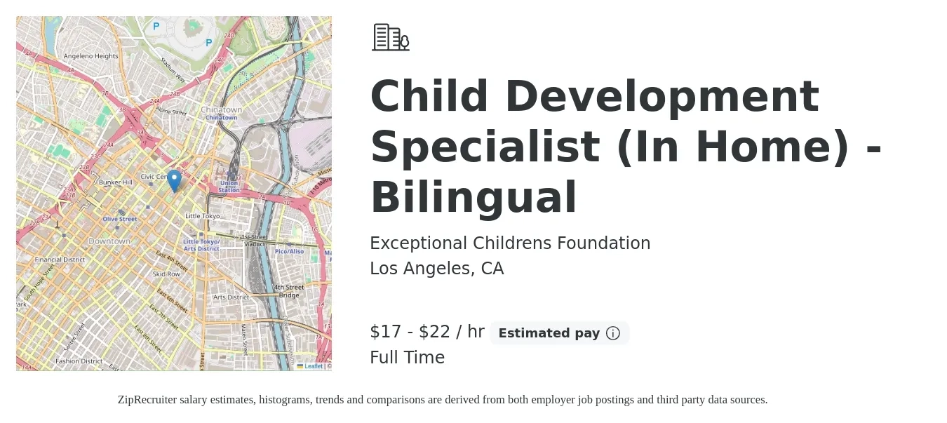 Exceptional Childrens Foundation job posting for a Child Development Specialist (In Home) - Bilingual in Los Angeles, CA with a salary of $18 to $24 Hourly with a map of Los Angeles location.