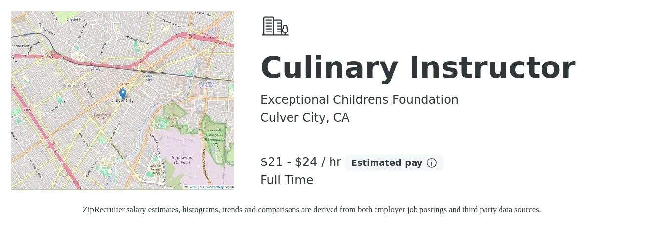 Exceptional Childrens Foundation job posting for a Culinary Instructor in Culver City, CA with a salary of $22 to $25 Hourly with a map of Culver City location.