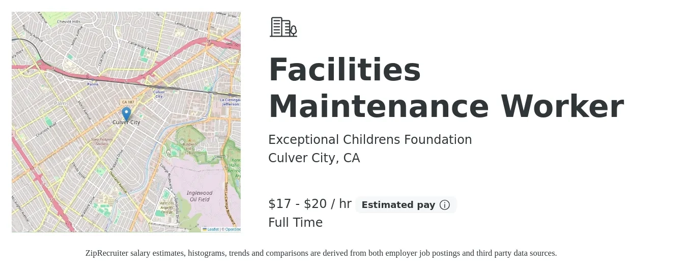 Exceptional Childrens Foundation job posting for a Facilities Maintenance Worker in Culver City, CA with a salary of $18 to $21 Hourly with a map of Culver City location.