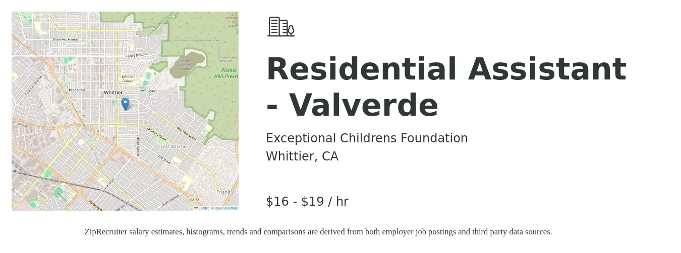 Exceptional Childrens Foundation job posting for a Residential Assistant - Valverde in Whittier, CA with a salary of $17 to $20 Hourly with a map of Whittier location.