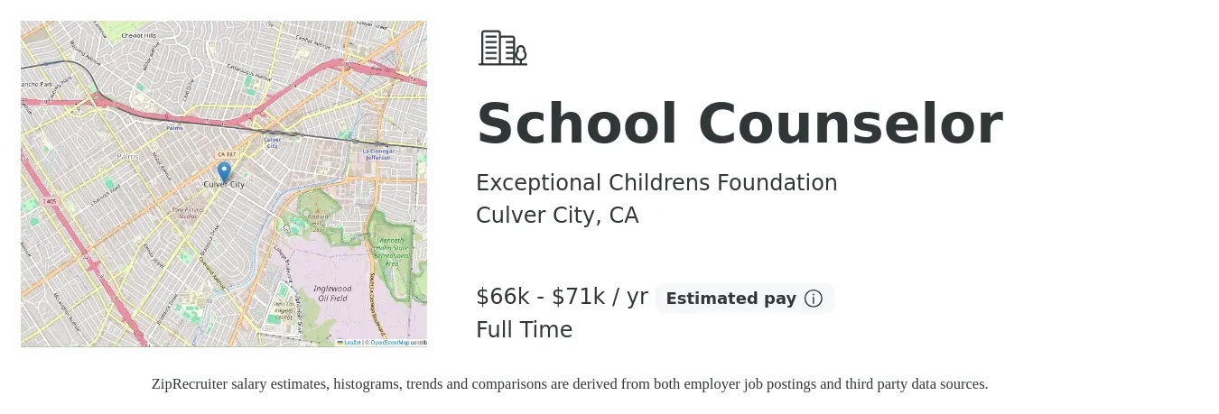 Exceptional Childrens Foundation job posting for a School Counselor in Culver City, CA with a salary of $66,560 to $71,000 Yearly with a map of Culver City location.