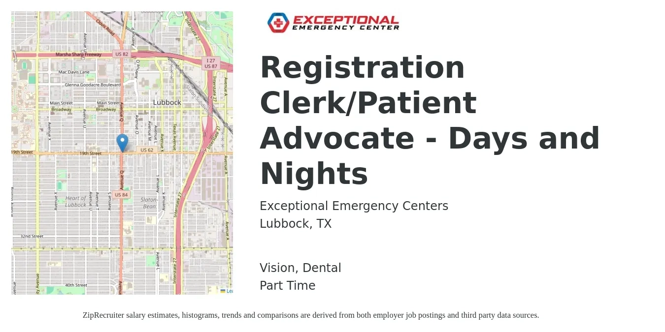 Exceptional Emergency Centers job posting for a Registration Clerk/Patient Advocate - Days and Nights in Lubbock, TX with a salary of $12 to $16 Hourly and benefits including retirement, vision, dental, and life_insurance with a map of Lubbock location.