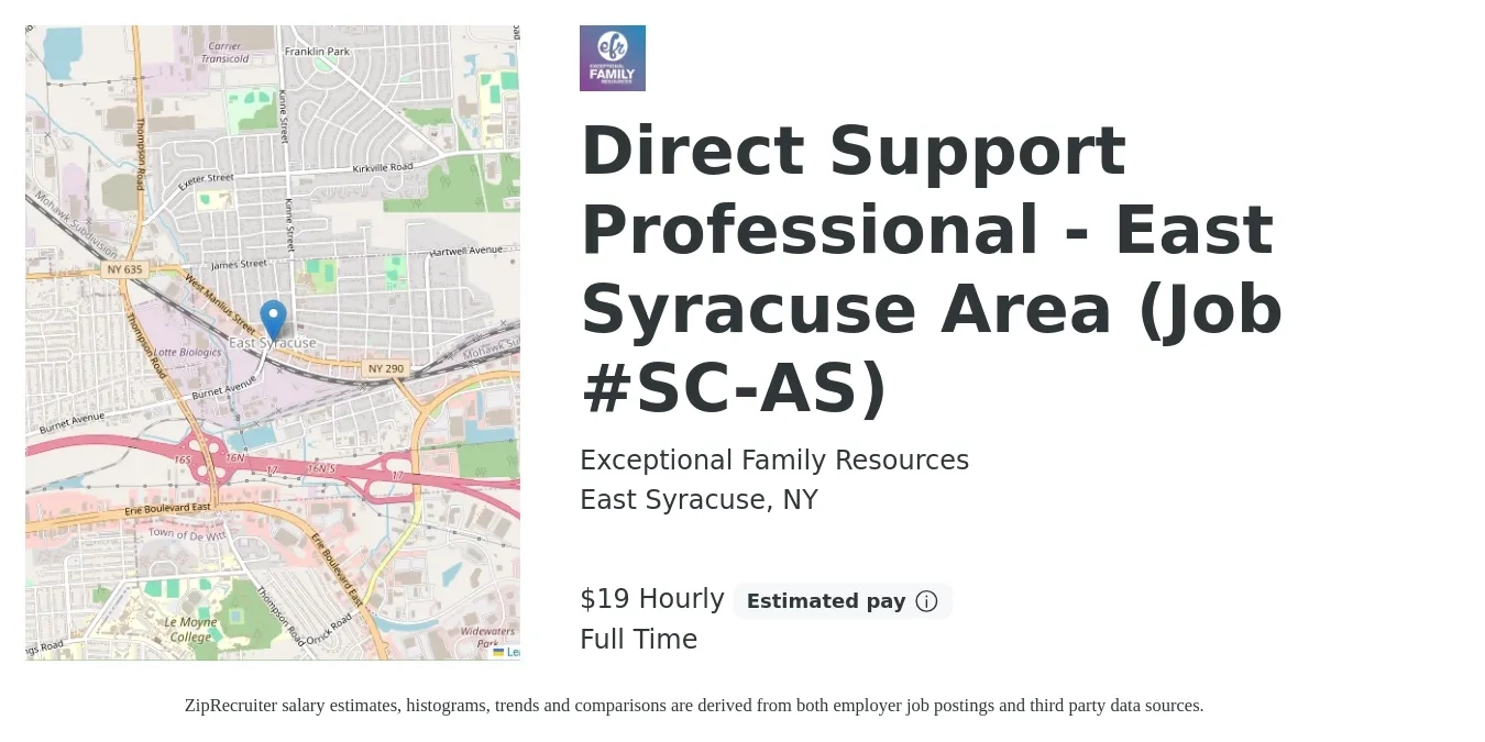 Exceptional Family Resources job posting for a Direct Support Professional - East Syracuse Area (Job #SC-AS) in East Syracuse, NY with a salary of $20 Hourly with a map of East Syracuse location.