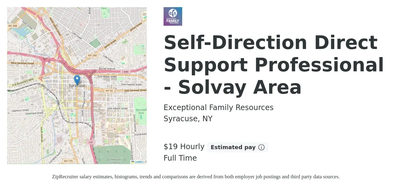 Exceptional Family Resources job posting for a Self-Direction Direct Support Professional - Solvay Area in Syracuse, NY with a salary of $20 Hourly with a map of Syracuse location.