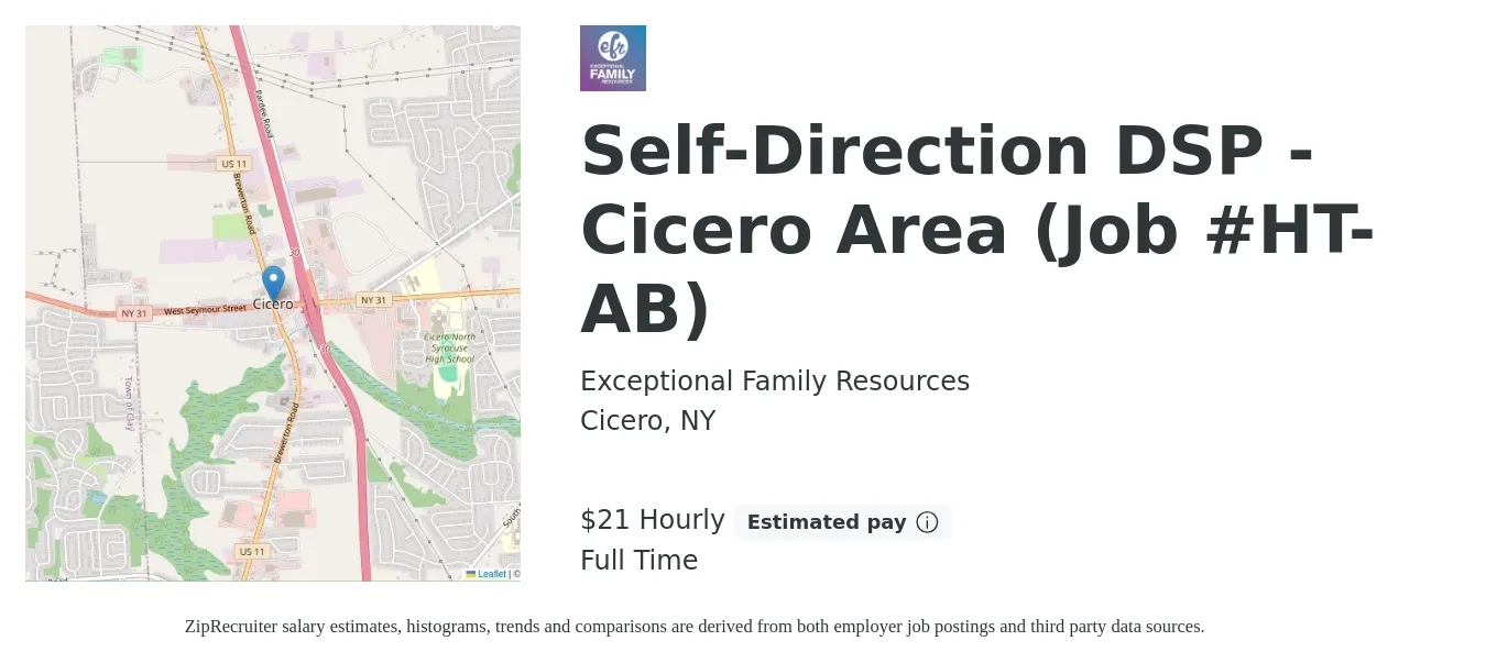 Exceptional Family Resources job posting for a Self-Direction DSP - Cicero Area (Job #HT-AB) in Cicero, NY with a salary of $22 Hourly with a map of Cicero location.