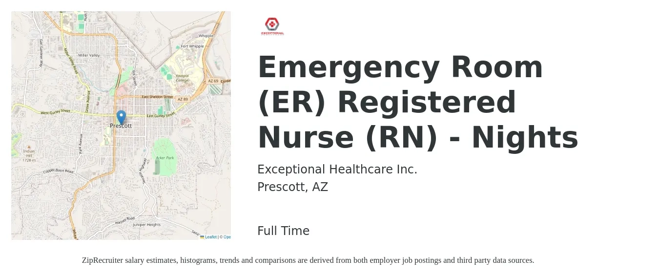 Exceptional Healthcare Inc. job posting for a Emergency Room (ER) Registered Nurse (RN) - Nights in Prescott, AZ with a salary of $1,950 to $2,770 Weekly with a map of Prescott location.