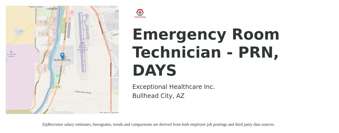 Exceptional Healthcare Inc. job posting for a Emergency Room Technician - PRN, DAYS in Bullhead City, AZ with a salary of $16 to $22 Hourly with a map of Bullhead City location.