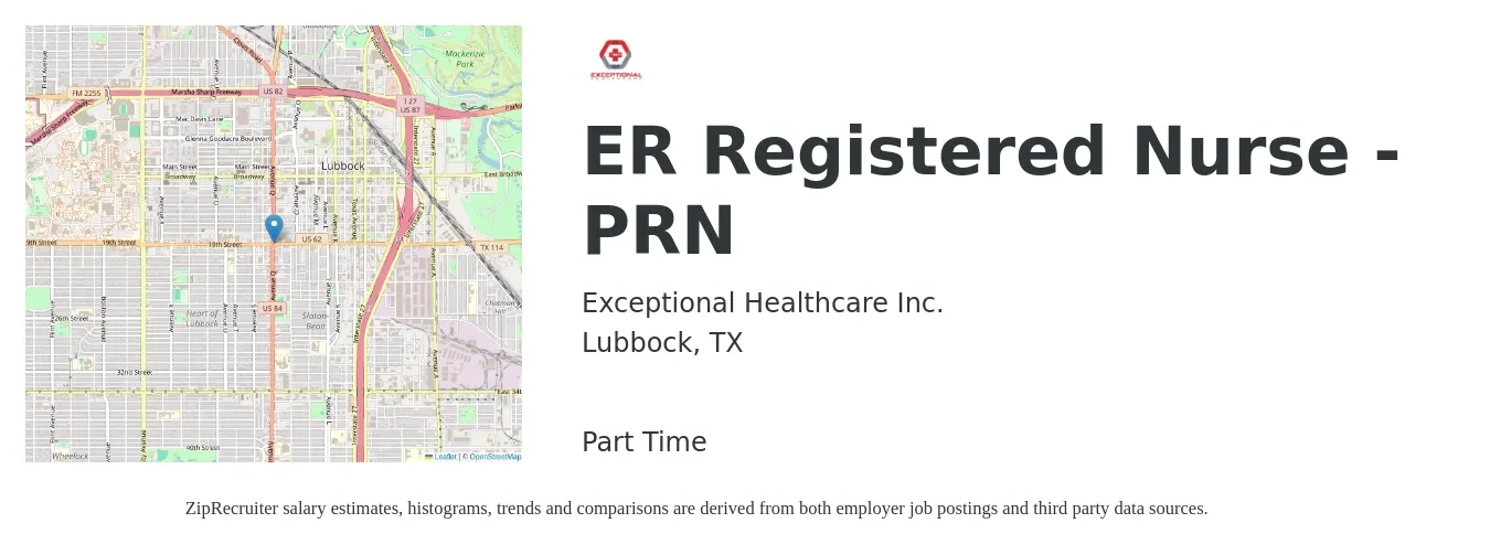 Exceptional Healthcare Inc. job posting for a ER Registered Nurse - PRN in Lubbock, TX with a salary of $1,510 to $2,140 Weekly with a map of Lubbock location.
