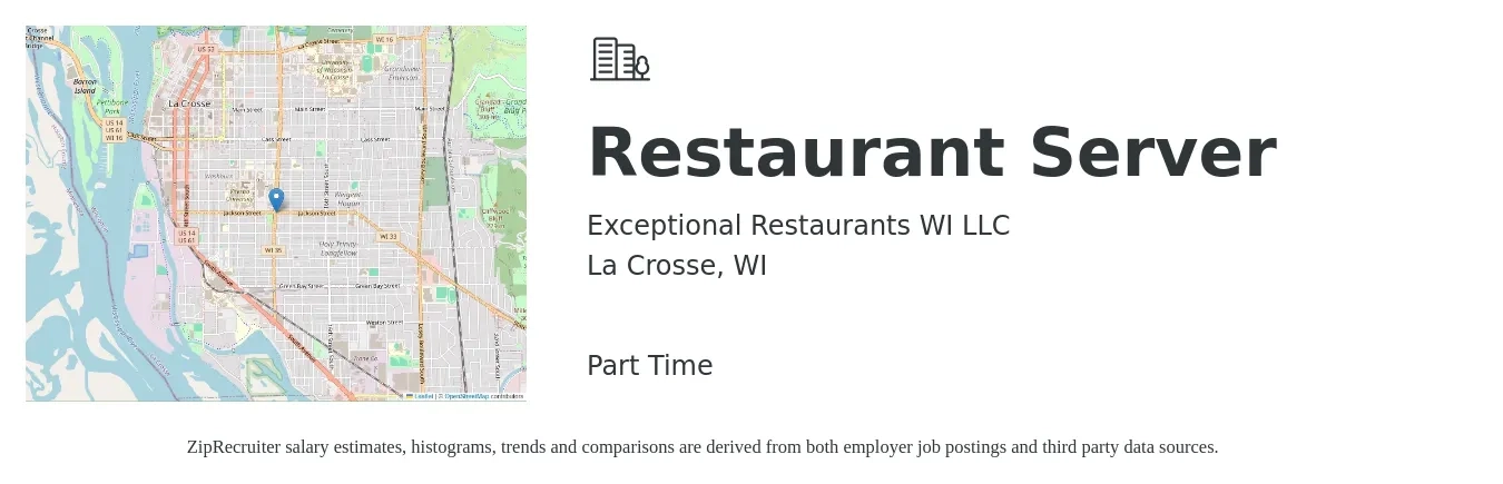 Exceptional Restaurants WI LLC job posting for a Restaurant Server in La Crosse, WI with a salary of $10 to $16 Hourly with a map of La Crosse location.