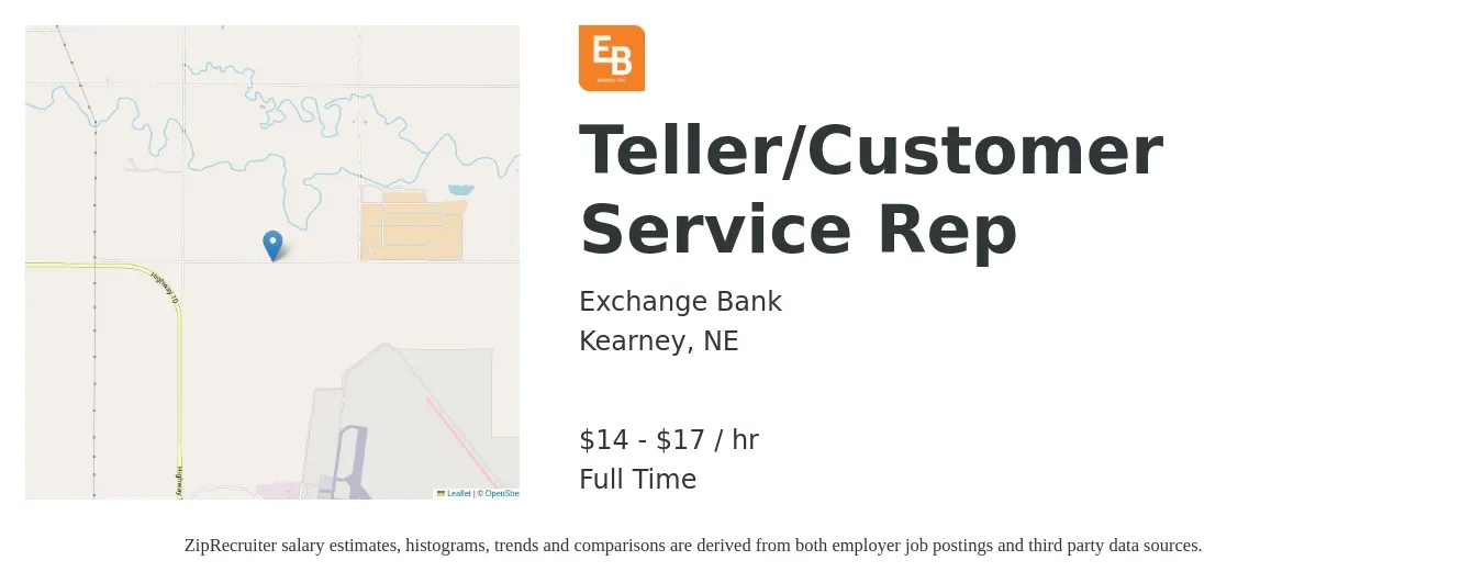 Exchange Bank job posting for a Teller/Customer Service Rep in Kearney, NE with a salary of $15 to $18 Hourly with a map of Kearney location.