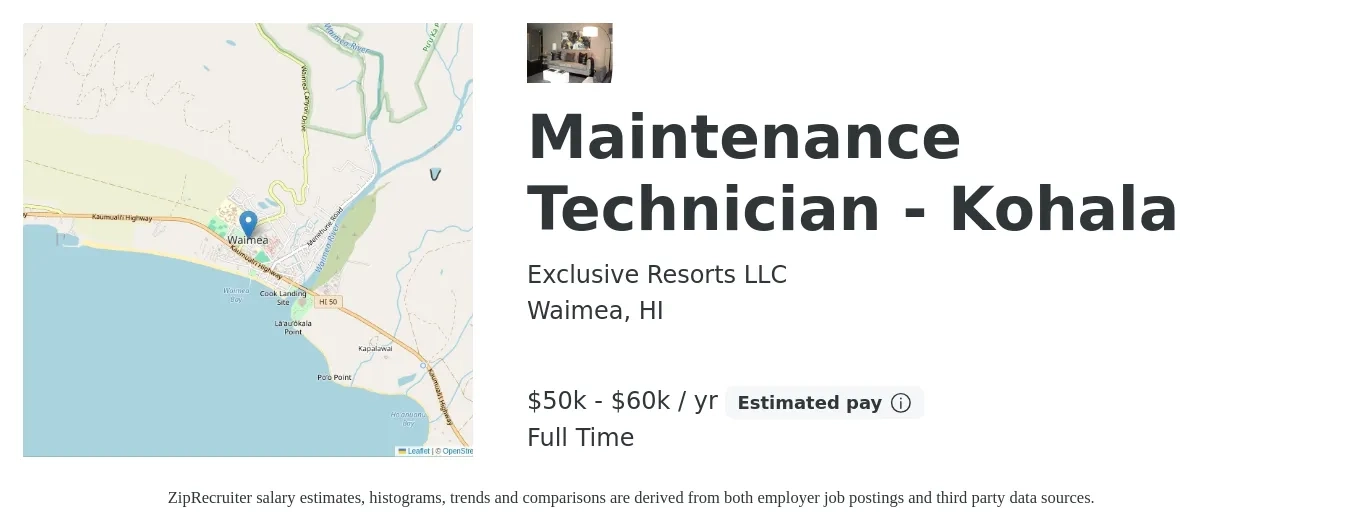 Exclusive Resorts LLC job posting for a Maintenance Technician - Kohala in Waimea, HI with a salary of $50,000 to $60,000 Yearly with a map of Waimea location.
