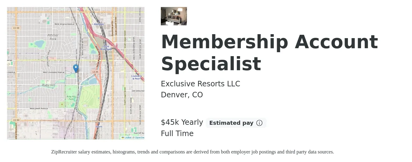 Exclusive Resorts LLC job posting for a Membership Account Specialist in Denver, CO with a salary of $45,000 Yearly with a map of Denver location.