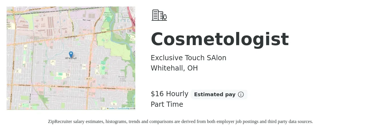 Exclusive Touch SAlon job posting for a Cosmetologist in Whitehall, OH with a salary of $17 Hourly with a map of Whitehall location.