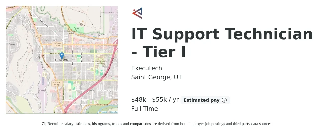 Executech job posting for a IT Support Technician - Tier I in Saint George, UT with a salary of $48,000 to $55,000 Yearly with a map of Saint George location.