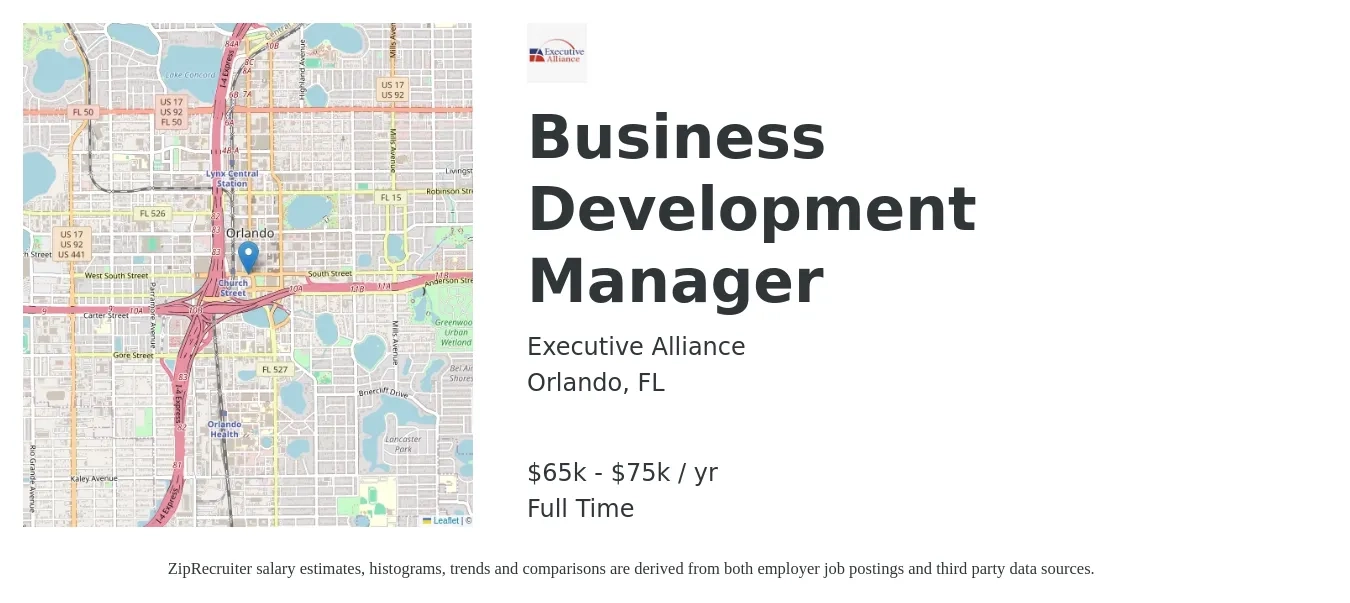 Executive Alliance job posting for a Business Development Manager in Orlando, FL with a salary of $65,000 to $75,000 Yearly with a map of Orlando location.