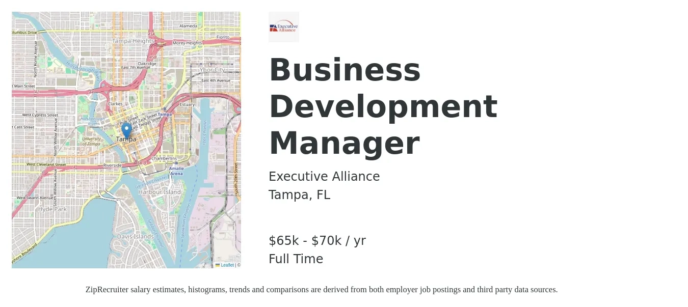 Executive Alliance job posting for a Business Development Manager in Tampa, FL with a salary of $65,000 to $70,000 Yearly with a map of Tampa location.