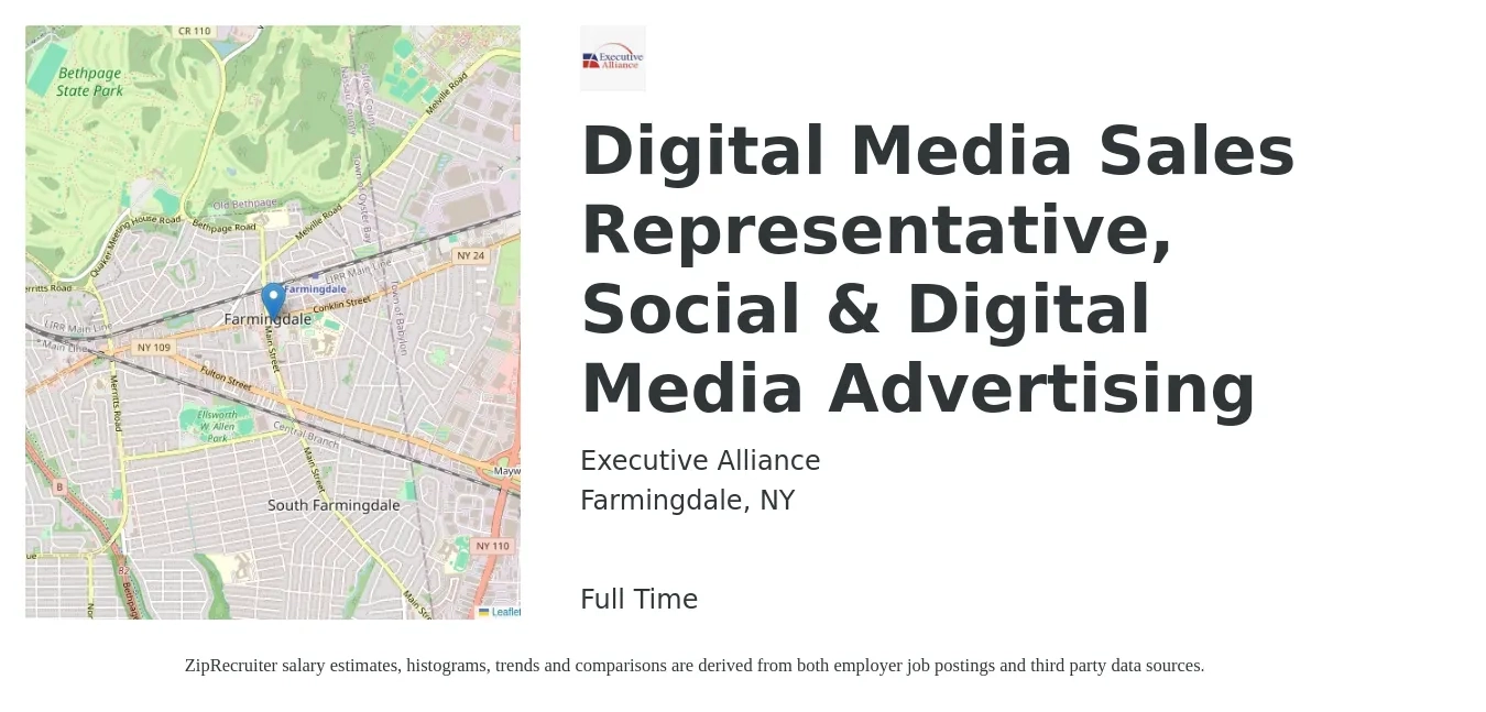 Executive Alliance job posting for a Digital Media Sales Representative, Social & Digital Media Advertising in Farmingdale, NY with a map of Farmingdale location.