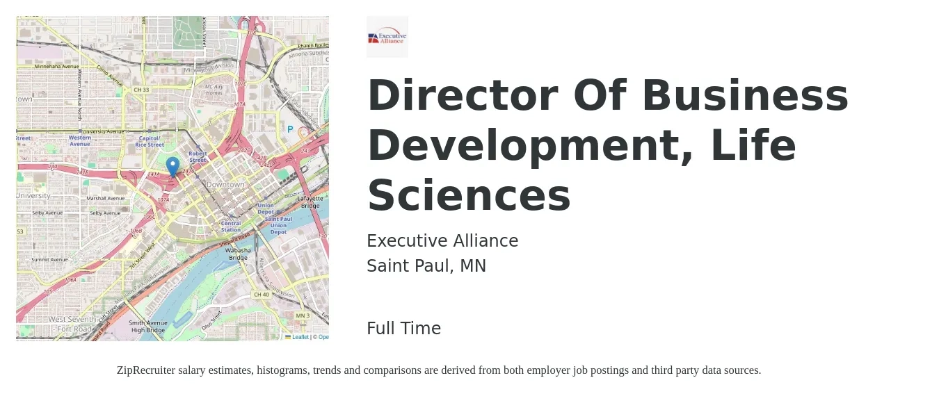 Executive Alliance job posting for a Director Of Business Development, Life Sciences in Saint Paul, MN with a salary of $94,600 to $153,200 Yearly with a map of Saint Paul location.