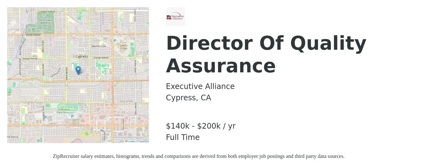 Executive Alliance job posting for a Director Of Quality Assurance in Cypress, CA with a salary of $140,000 to $200,000 Yearly with a map of Cypress location.