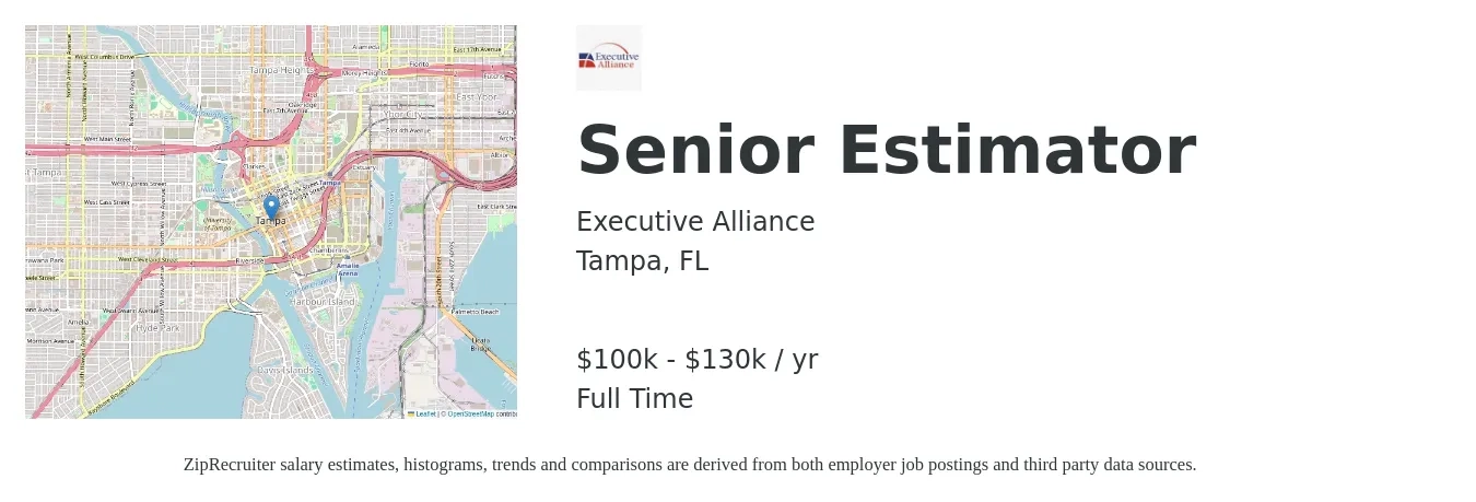 Executive Alliance job posting for a Senior Estimator in Tampa, FL with a salary of $100,000 to $130,000 Yearly with a map of Tampa location.