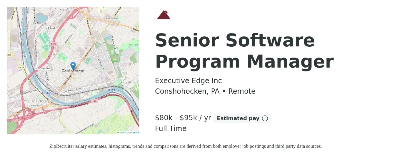 Executive Edge Inc job posting for a Senior Software Program Manager in Conshohocken, PA with a salary of $80,000 to $95,000 Yearly with a map of Conshohocken location.