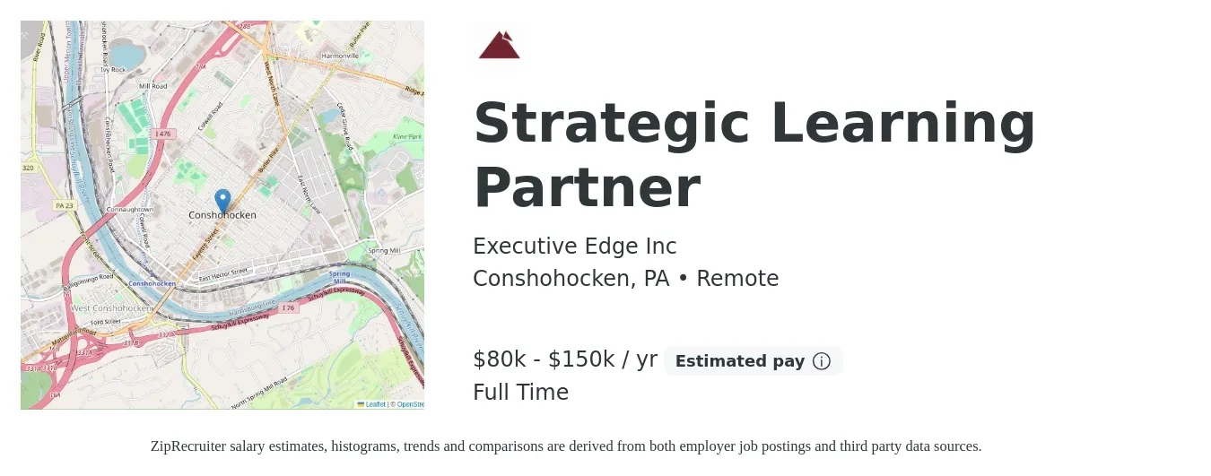 Executive Edge Inc job posting for a Strategic Learning Partner in Conshohocken, PA with a salary of $80,000 to $150,000 Yearly with a map of Conshohocken location.
