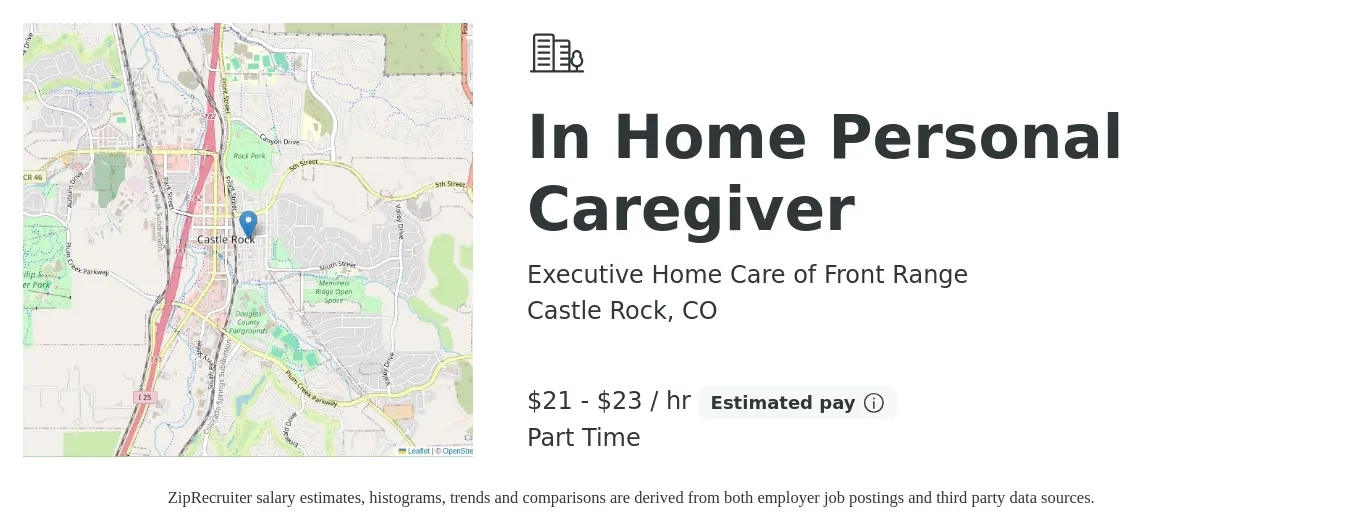 Executive Home Care of Front Range job posting for a In Home Personal Caregiver in Castle Rock, CO with a salary of $22 to $24 Hourly with a map of Castle Rock location.