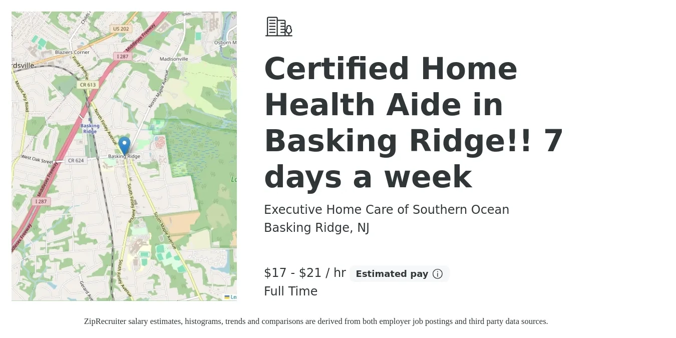 Executive Home Care of Southern Ocean job posting for a Certified Home Health Aide in Basking Ridge!! 7 days a week in Basking Ridge, NJ with a salary of $18 to $22 Hourly with a map of Basking Ridge location.