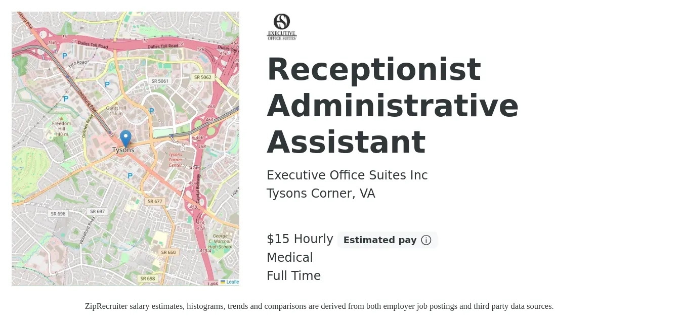 Executive Office Suites Inc job posting for a Receptionist Administrative Assistant in Tysons Corner, VA with a salary of $16 Hourly and benefits including medical with a map of Tysons Corner location.