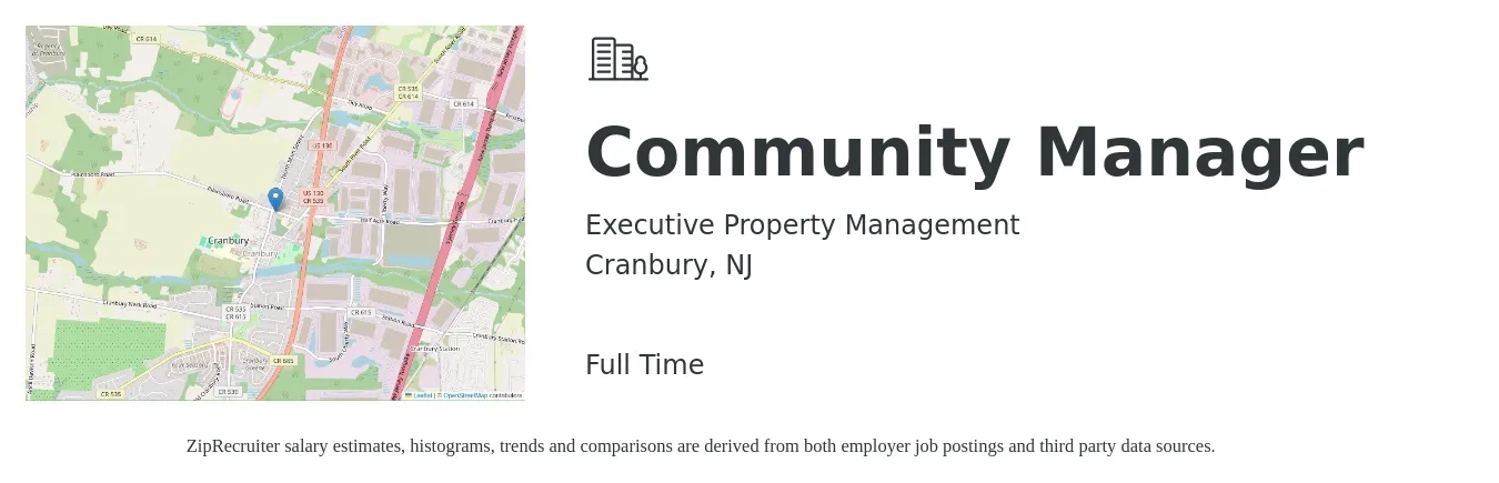 Executive Property Management job posting for a Community Manager in Cranbury, NJ with a salary of $48,000 to $68,400 Yearly with a map of Cranbury location.