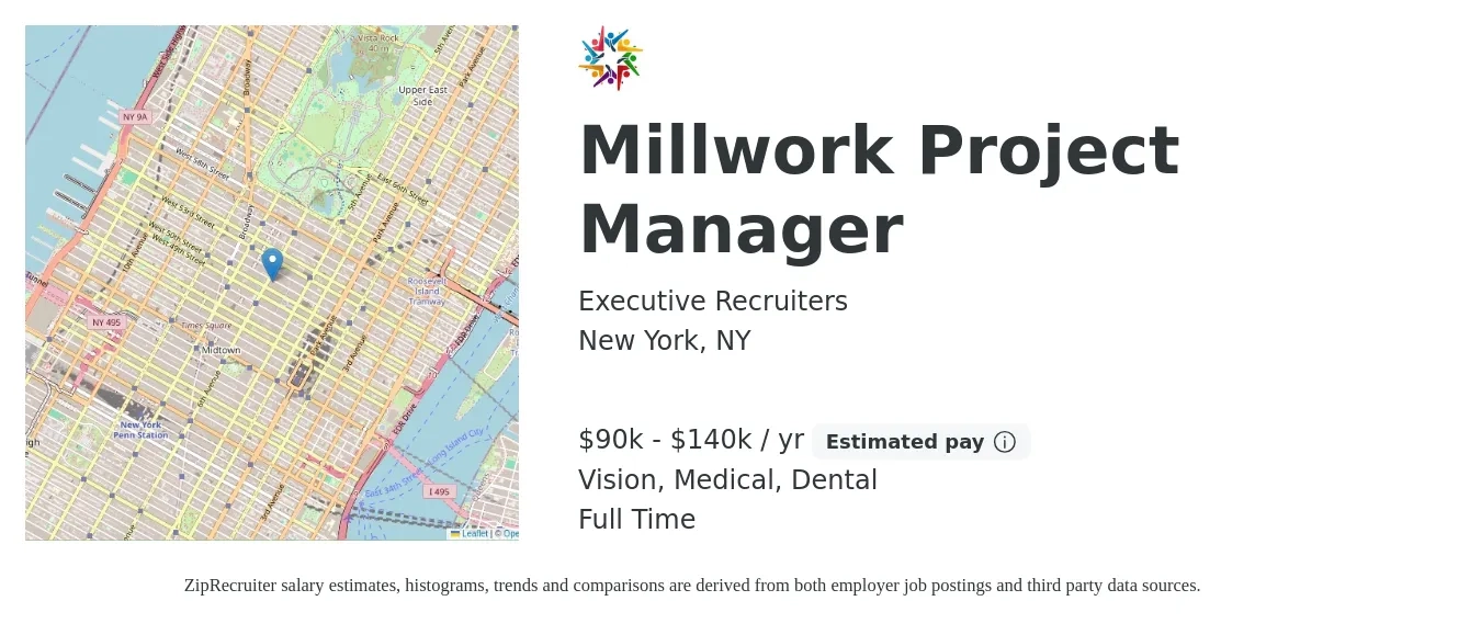 Executive Recruiters job posting for a Millwork Project Manager in New York, NY with a salary of $90,000 to $140,000 Yearly and benefits including retirement, vision, dental, and medical with a map of New York location.